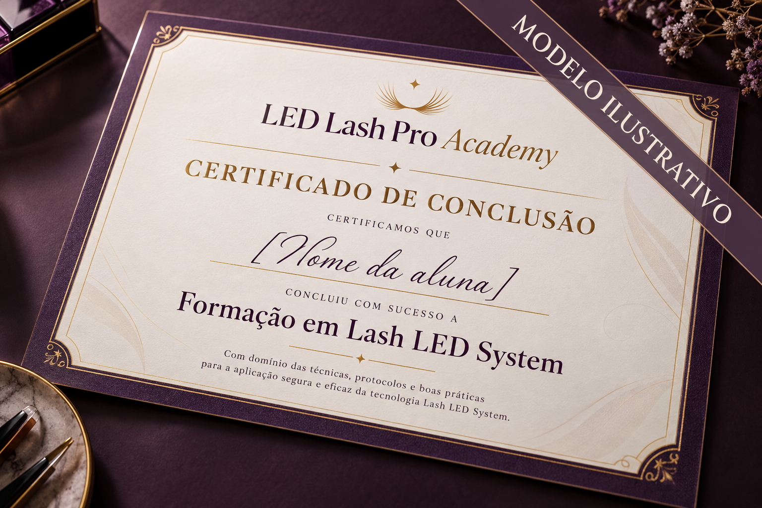 Modelo ilustrativo de certificado de conclusão LED Lash Pro